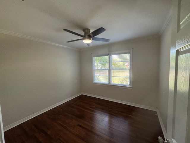 unfurnished room with baseboards, a ceiling fan, and dark wood finished floors