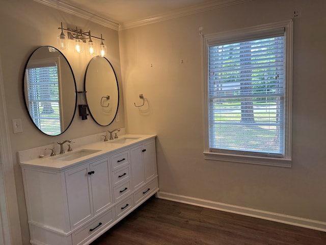 bathroom featuring a sink, double vanity, baseboards, and wood finished floors