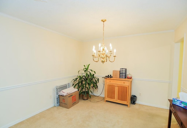 interior space featuring ornamental molding, a notable chandelier, and light colored carpet