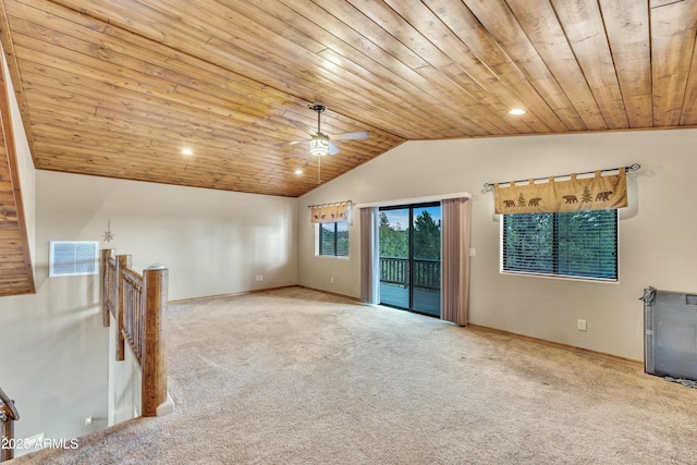 carpeted spare room with recessed lighting, a ceiling fan, vaulted ceiling, wooden ceiling, and baseboards