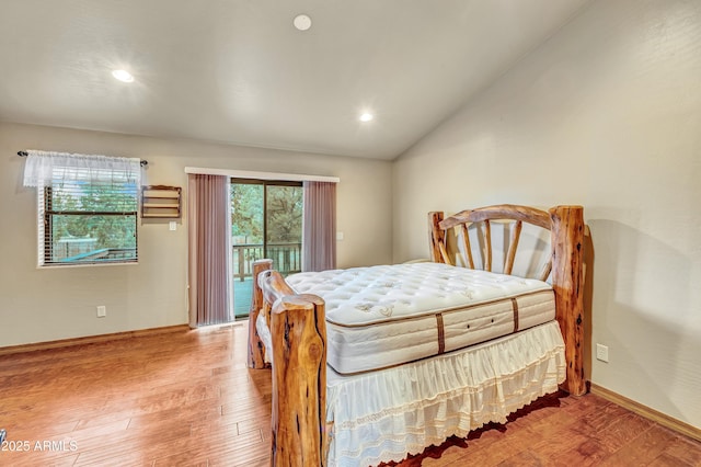 bedroom with baseboards, access to outside, vaulted ceiling, light wood-style floors, and recessed lighting