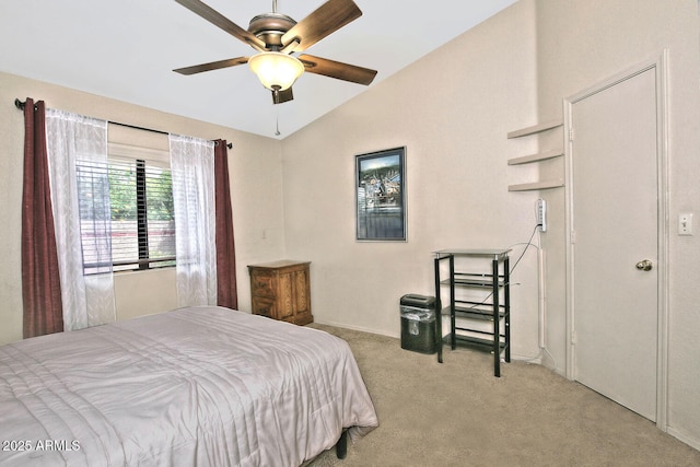 3510 E Hampton Ave Unit 74, Mesa, AZ 85204 - carpeted bedroom featuring vaulted ceiling, baseboards, and ceiling fan