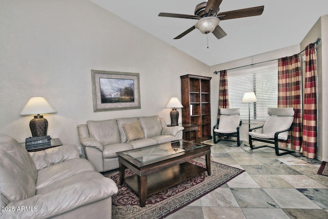 3510 E Hampton Ave Unit 74, Mesa, AZ 85204 - living room with vaulted ceiling, ceiling fan, and stone finish floors