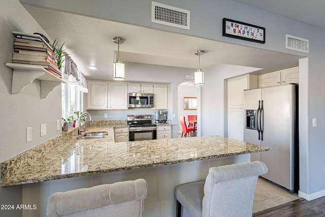 242 E Stonebridge Dr, Gilbert, AZ 85234 - kitchen with appliances with stainless steel finishes, a peninsula, a sink, and light stone countertops