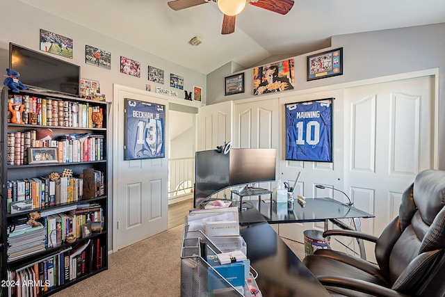 carpeted office with ceiling fan and lofted ceiling