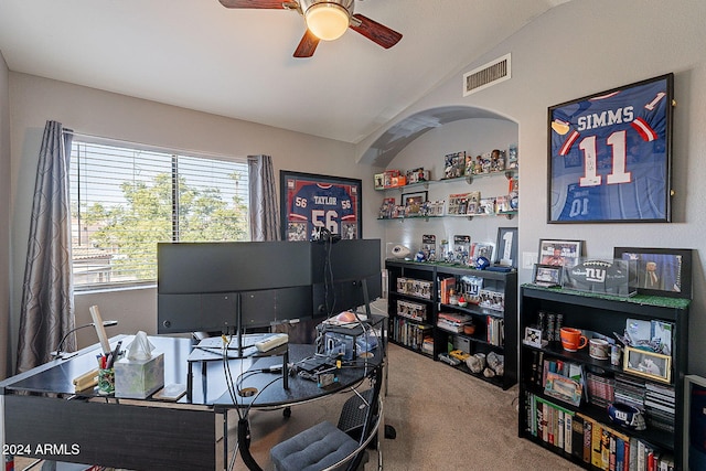 242 E Stonebridge Dr, Gilbert, AZ 85234 - office area with lofted ceiling, ceiling fan, and carpet flooring