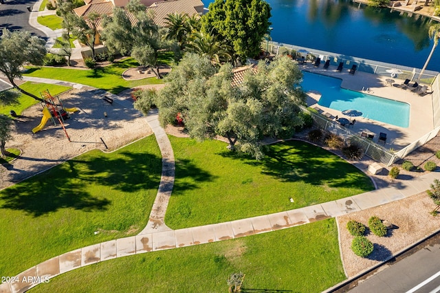 drone / aerial view featuring a water view