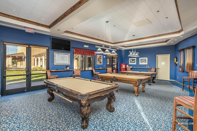 game room featuring carpet floors, a raised ceiling, crown molding, and billiards