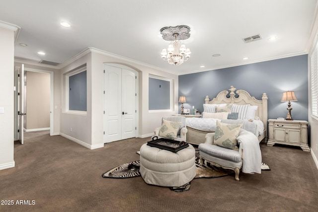 530 S Emerson St, Chandler, AZ 85225 - bedroom with carpet, baseboards, a chandelier, crown molding, and recessed lighting