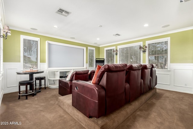 530 S Emerson St, Chandler, AZ 85225 - carpeted cinema with wainscoting, a decorative wall, crown molding, and recessed lighting