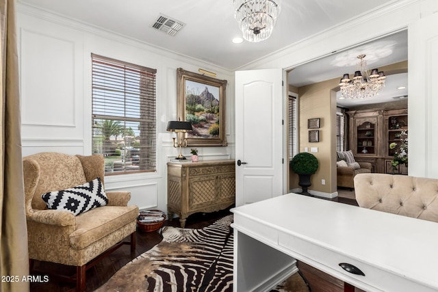 530 S Emerson St, Chandler, AZ 85225 - office area with a chandelier, wood finished floors, crown molding, and a decorative wall