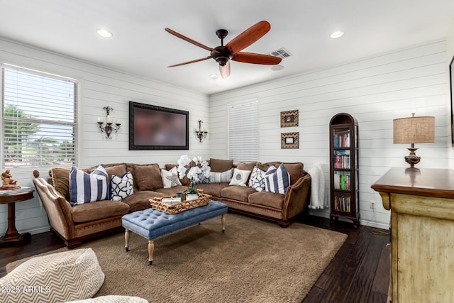530 S Emerson St, Chandler, AZ 85225 - living area with dark wood-style floors, ceiling fan, recessed lighting, and wooden walls