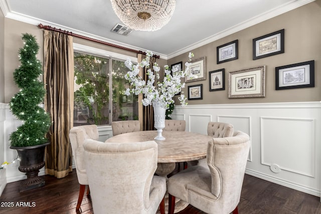 530 S Emerson St, Chandler, AZ 85225 - dining area with a chandelier, dark wood finished floors, crown molding, and wainscoting