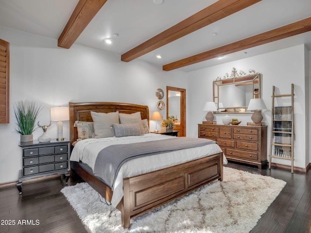 bedroom with beam ceiling, recessed lighting, and dark wood finished floors