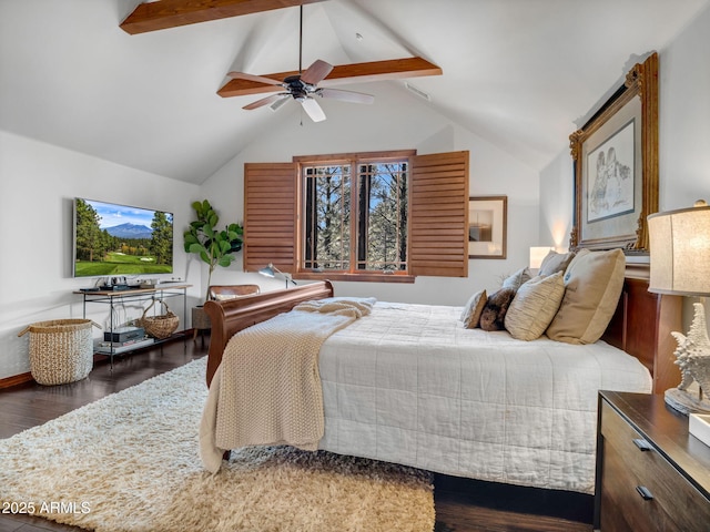 bedroom featuring lofted ceiling with beams, ceiling fan, and wood finished floors