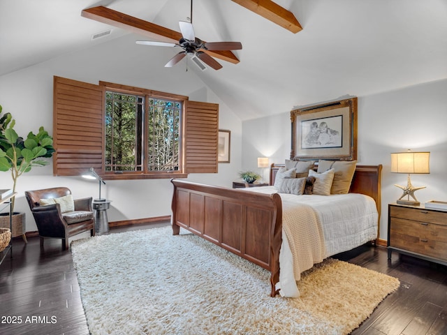 bedroom with vaulted ceiling with beams, hardwood / wood-style flooring, baseboards, visible vents, and a ceiling fan