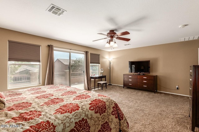 3693 E Sparrow Pl, Chandler, AZ 85286 - bedroom with access to exterior, baseboards, light carpet, and a ceiling fan