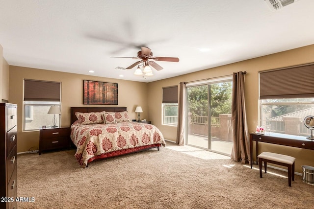 3693 E Sparrow Pl, Chandler, AZ 85286 - bedroom featuring access to exterior, light colored carpet, and ceiling fan