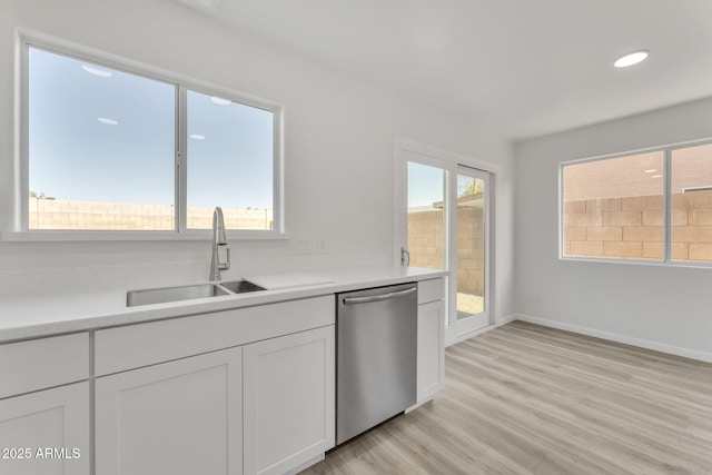 kitchen with white cabinets, light hardwood / wood-style flooring, stainless steel dishwasher, and sink