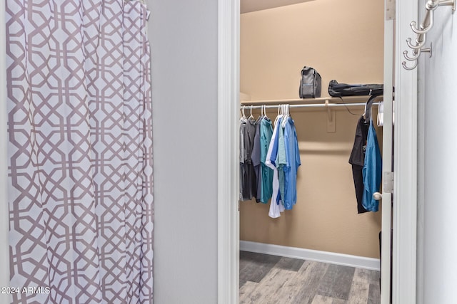 bathroom with hardwood / wood-style floors