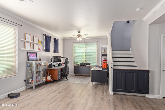 office area featuring ceiling fan, ornamental molding, and light hardwood / wood-style flooring