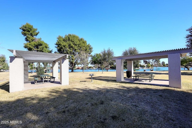 view of community with a yard and a water view