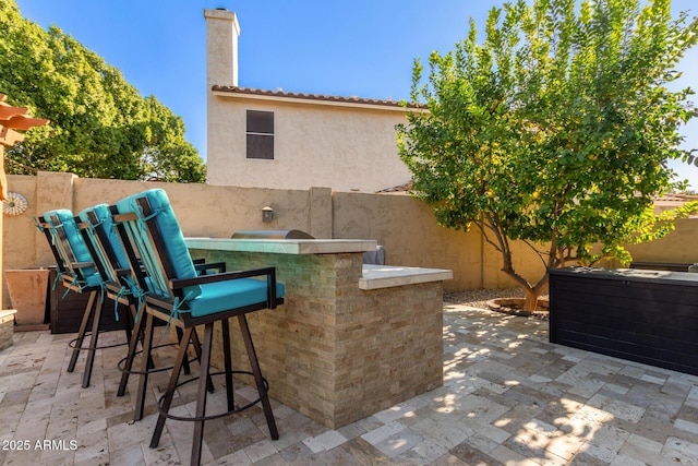 view of patio with exterior kitchen and a bar