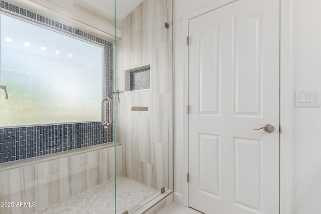 bathroom featuring a shower with shower door