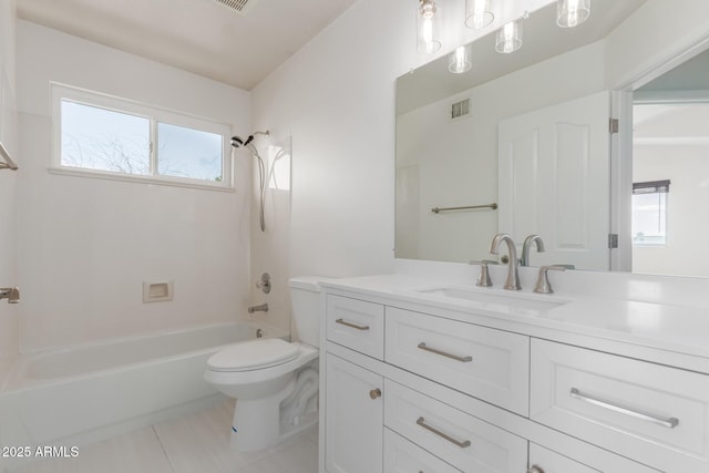 full bathroom with vanity, toilet, tub / shower combination, and tile patterned flooring