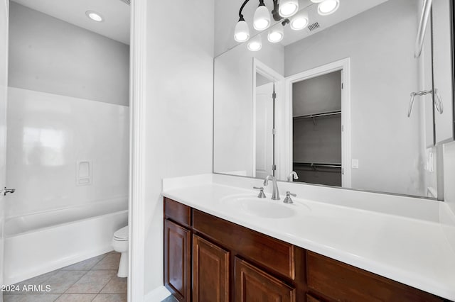 full bathroom featuring vanity, toilet, washtub / shower combination, and tile patterned floors