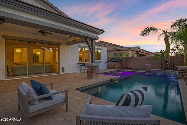 3038 E Longhorn Dr, Gilbert, AZ 85297 - view of swimming pool featuring a fenced backyard, a ceiling fan, and a patio