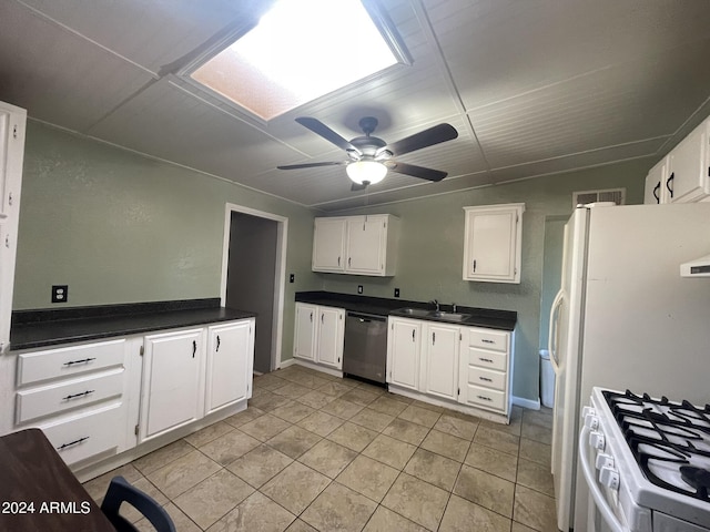 kitchen featuring white cabinetry, sink, stainless steel dishwasher, ceiling fan, and white gas stove