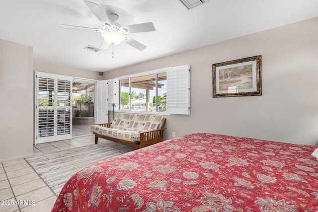 bedroom featuring tile patterned flooring, access to exterior, visible vents, and ceiling fan