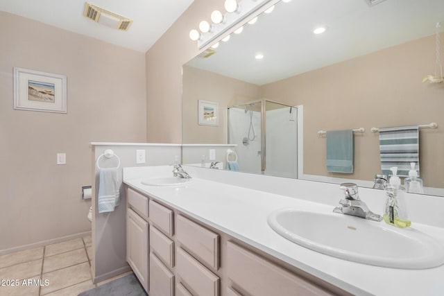 full bath with tile patterned flooring, a stall shower, visible vents, and a sink