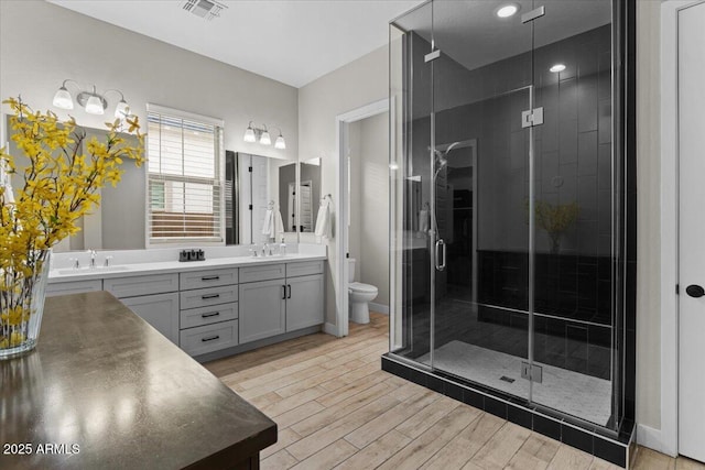 bathroom with vanity, a shower with door, and toilet