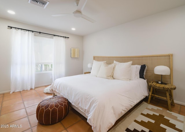 tiled bedroom with baseboards, a ceiling fan, visible vents, and recessed lighting