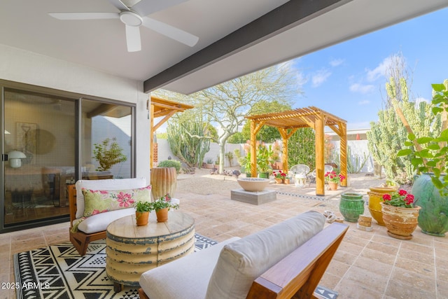 view of patio / terrace featuring a ceiling fan, a fenced backyard, and a pergola