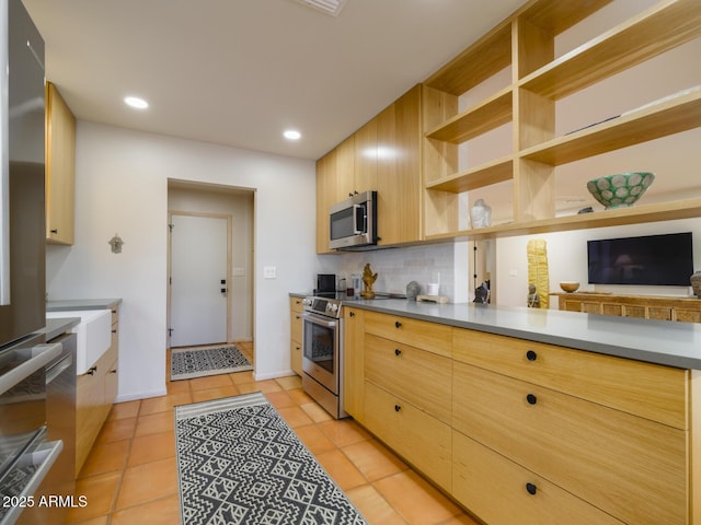 kitchen featuring light tile patterned floors, open shelves, recessed lighting, decorative backsplash, and appliances with stainless steel finishes