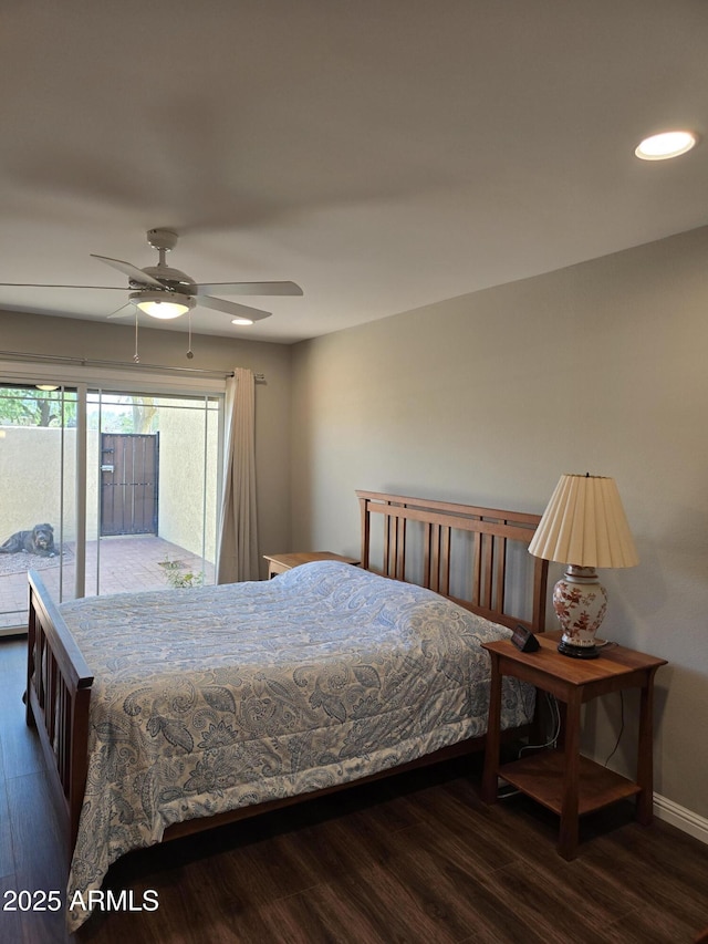 bedroom featuring baseboards, a ceiling fan, wood finished floors, access to exterior, and recessed lighting