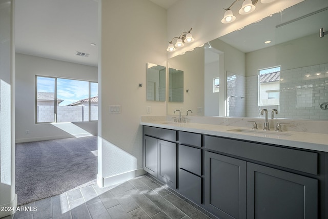 bathroom featuring double vanity, a sink, visible vents, and baseboards