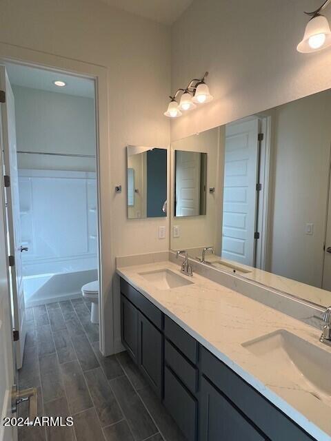 bathroom featuring wood finish floors, a sink, and toilet