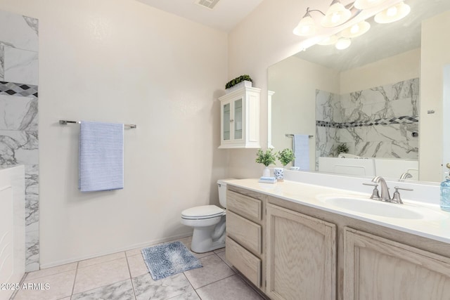 bathroom with baseboards, visible vents, a shower, toilet, and vanity