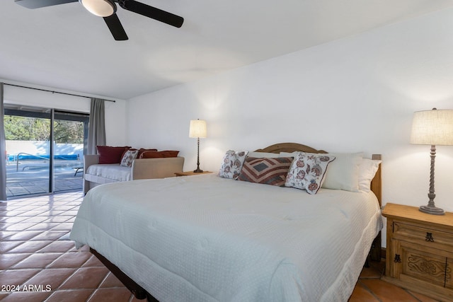 bedroom featuring ceiling fan and access to exterior