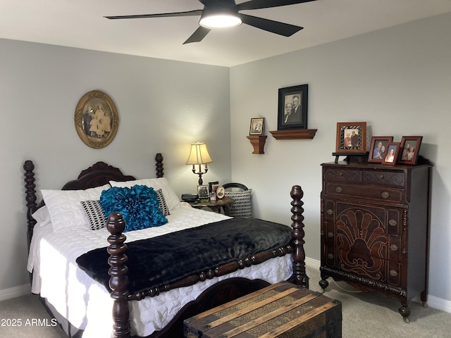 bedroom featuring ceiling fan and light colored carpet