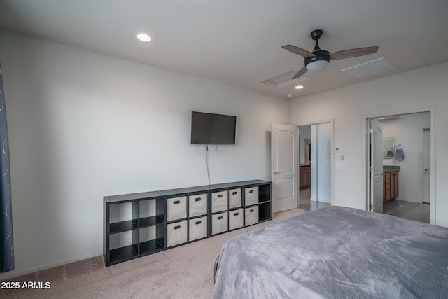 bedroom featuring visible vents, recessed lighting, carpet floors, and a ceiling fan