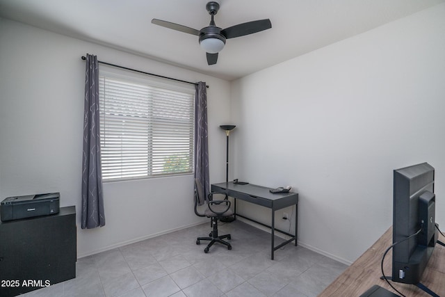 office with baseboards and ceiling fan