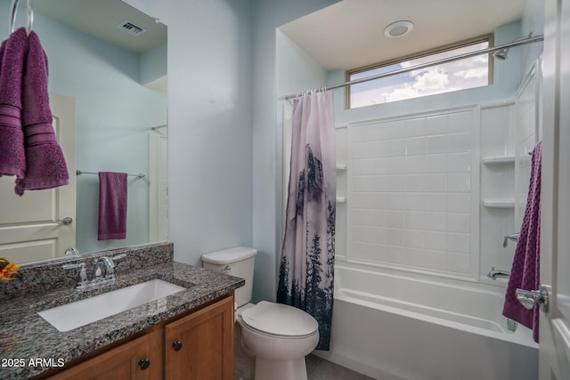full bath with visible vents, tile patterned flooring, shower / bath combo with shower curtain, vanity, and toilet
