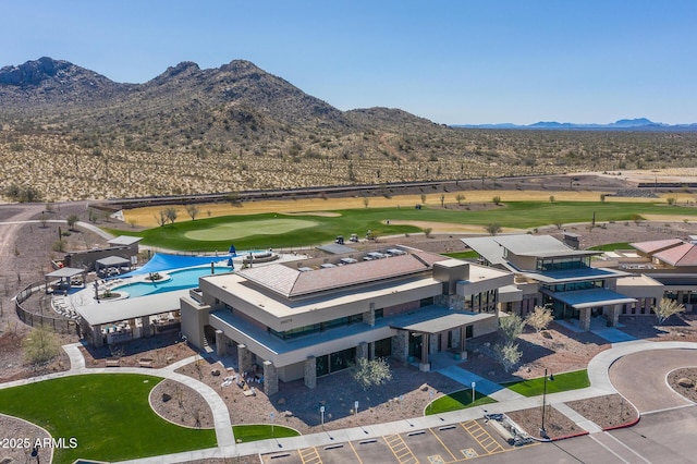 birds eye view of property featuring a mountain view and golf course view