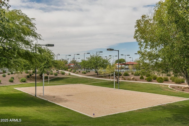 view of community featuring a lawn and volleyball court