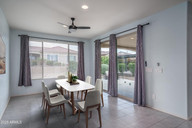 dining room featuring light tile patterned floors, baseboards, a ceiling fan, and recessed lighting